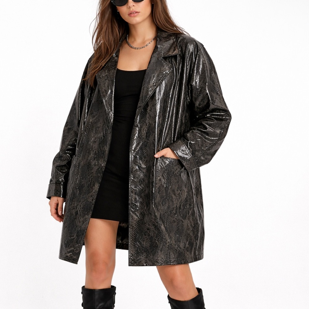 VINTAGE KENN SPORN WIPPETTE Snakeskin Vinyl Trench Raincoat Oversized 80s Size M
